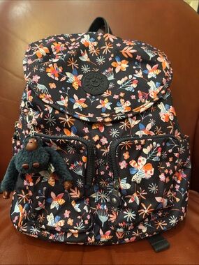Kipling Black Floral Backpack with Monkey Charm